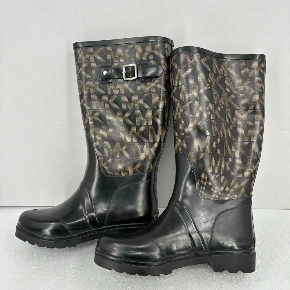 Michael Kors Tall Rain Boots Women's Size 7 Black Signature Logo Waterproof - Picture 2 of 13